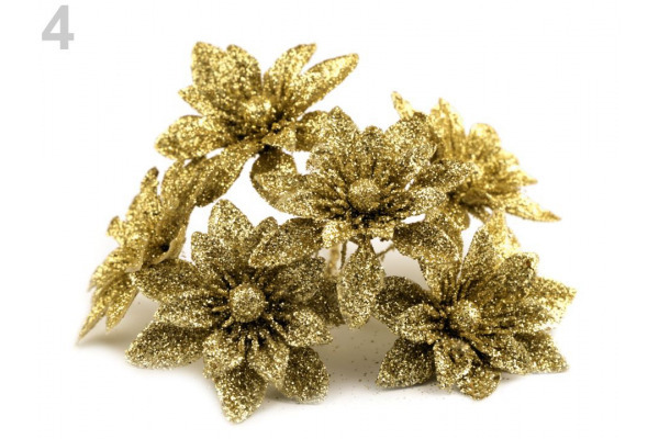 Vianočný kvet na drôtiku s flitrami Ø5,5 cm - 6 kusov / Vianočný kvet na drôtiku s flitrami Ø5,5 cm - Zlatá
